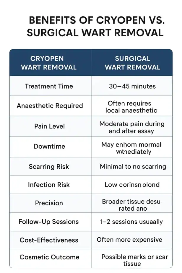 Table showing the benefits of cryopen to remove warts Dorchester compared to surgical treatment